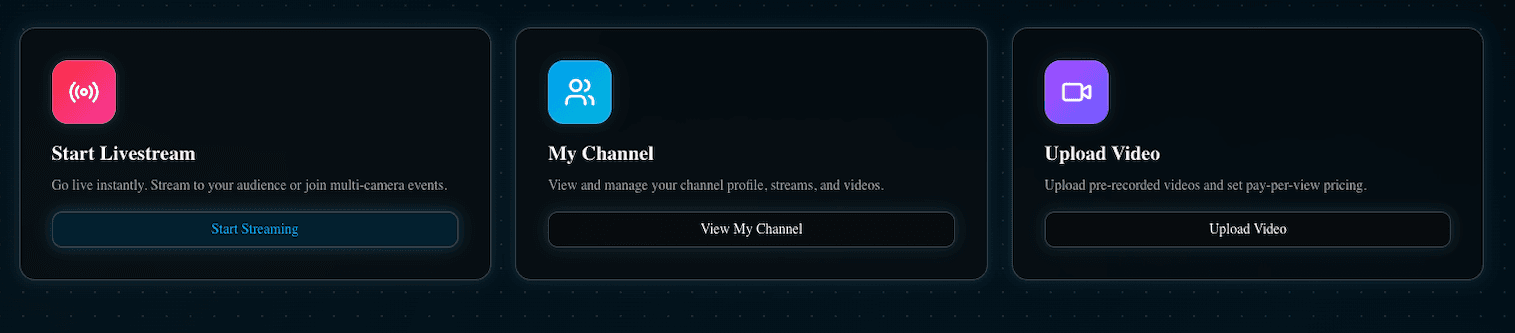 NETSTREAM Creator Dashboard showing live stream management, revenue analytics, and channel settings